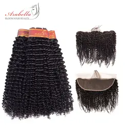 ArabellaPeruvian Kinky пучки кудрявых волос с 13X4 кружево спереди al Человеческие волосы remy комплект 4 шт./лот уха до уха