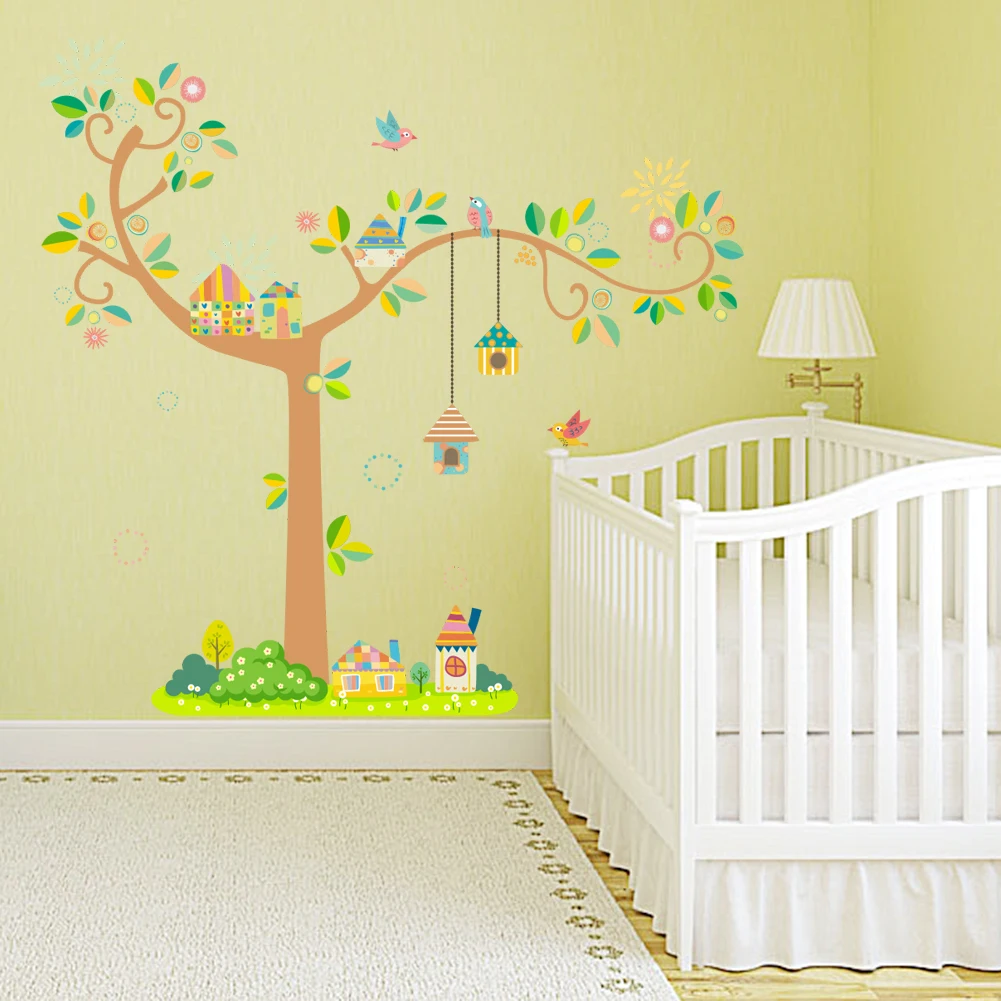 Kids Room Home Decor Tree Wall Stickers Birdcage Birds Carton Wall 
