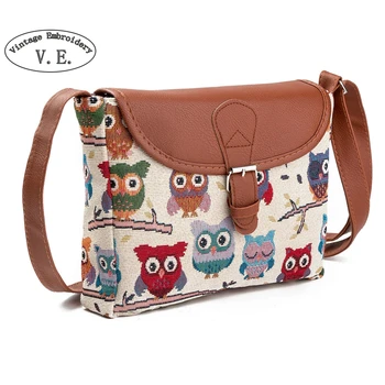

Vintage Embroidery Women's Messenger Bag Flap Bag Lady Canvas Cartoon Owl Print Crossbody Shoulder Bags Small Female Handbags