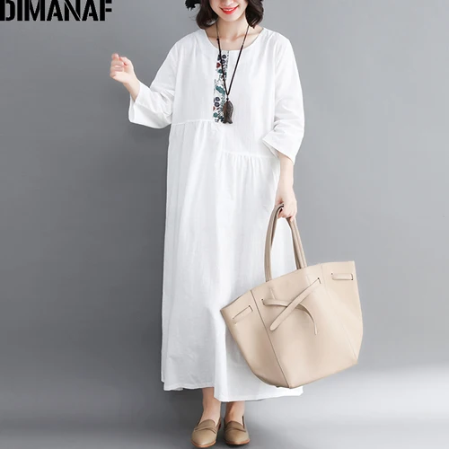 DIMANAF женское платье больших размеров, Осеннее льняное Плиссированное женское элегантное платье свободного кроя с длинным рукавом - Цвет: NV9257CN-bai