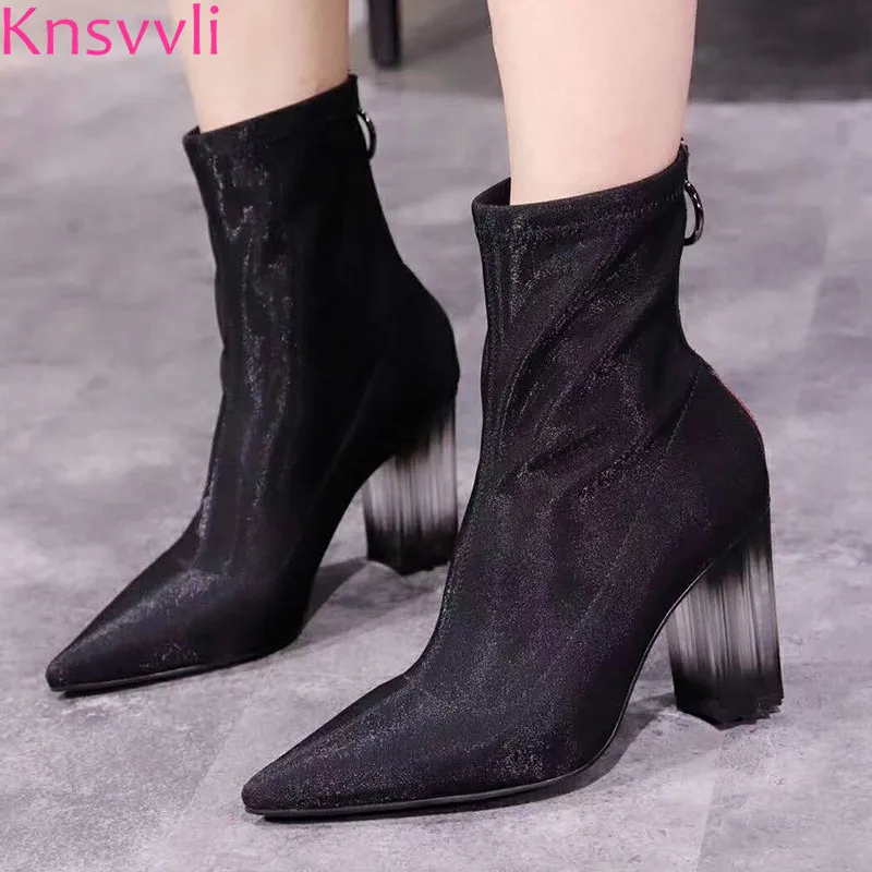 

Knsvvli black blue women shoes chunky heel stretch boots women pointed toe back zip transparent high heels fashion short boots