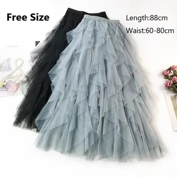 

High Waist Elastic Korean Version Cake Tutu Mesh Skirts Female Mesh Layers Asymmetrical Skirts Irregular Skirt For Mujer