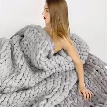

Warm Chunky Blanket Thick Yarn Merino Polyester Hand Woven Bulky Knitted Throw Blanket Fleece Deken Couverture Polaire Adulte