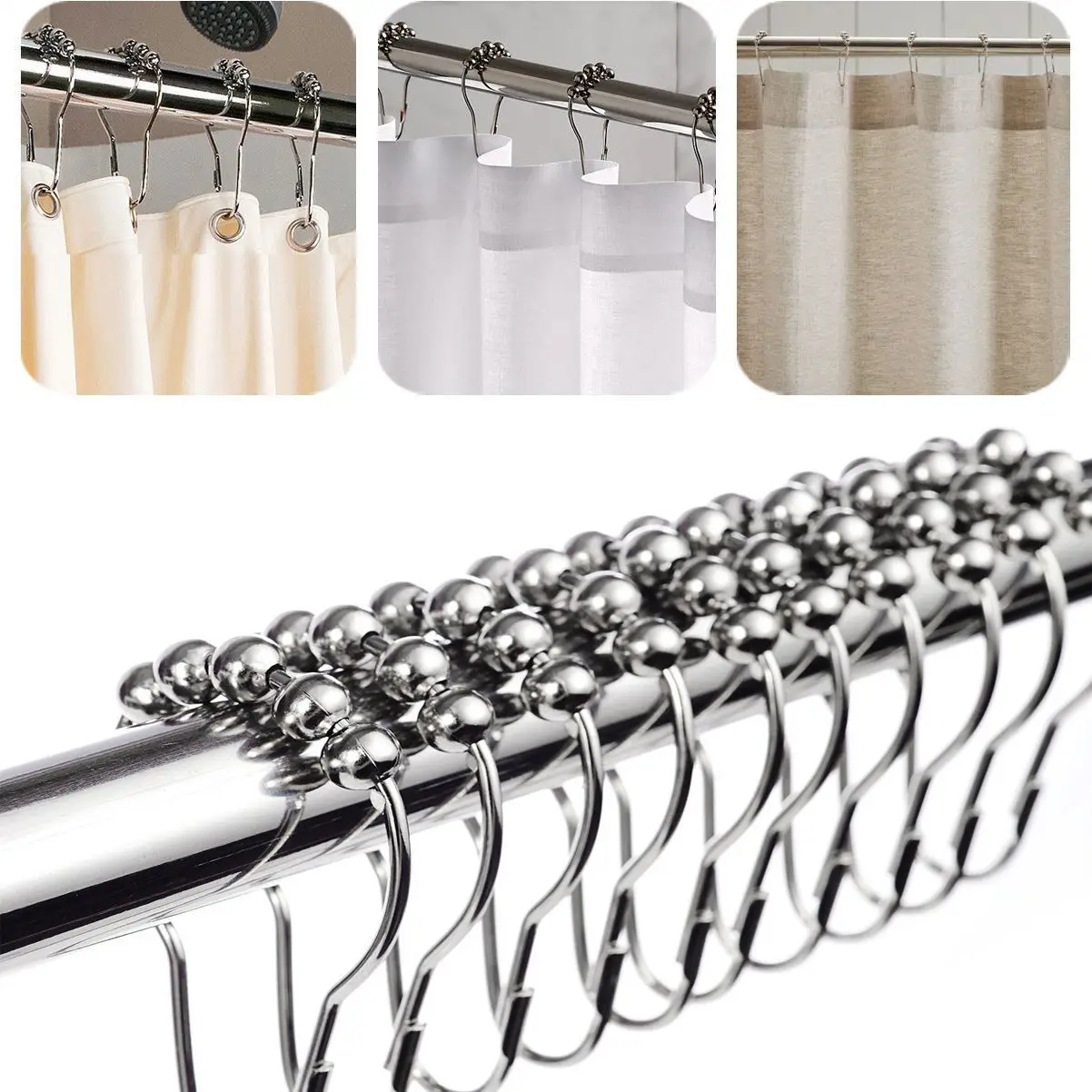 

12 Pcs/lot Polished Satin Nickel Ball Shower Curtain Rings 5 Roller Balls Curtain Hooks For Bathroom Accessories