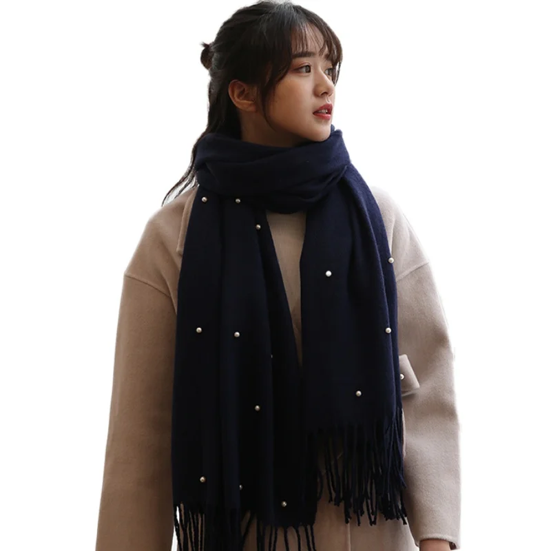 Осенний и зимний жемчужный шарф с бисером, модный длинный шарф с кисточками, Дамская новая однотонная теплая шаль для женщин H