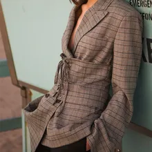 Cakucool Feminino Асимметричная Двубортная куртка корсет на шнуровке пледы верхняя одежда Винтаж взлетно-посадочной полосы Дизайн Формальные куртки женские