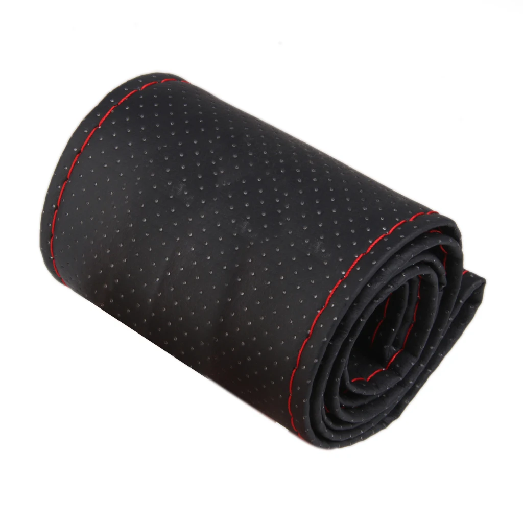 38cm DIY Car Steering Wheel Cover With Needles and Thread Soft PU Leather Braid On Steering Wheel BlackRed Interior accessories 