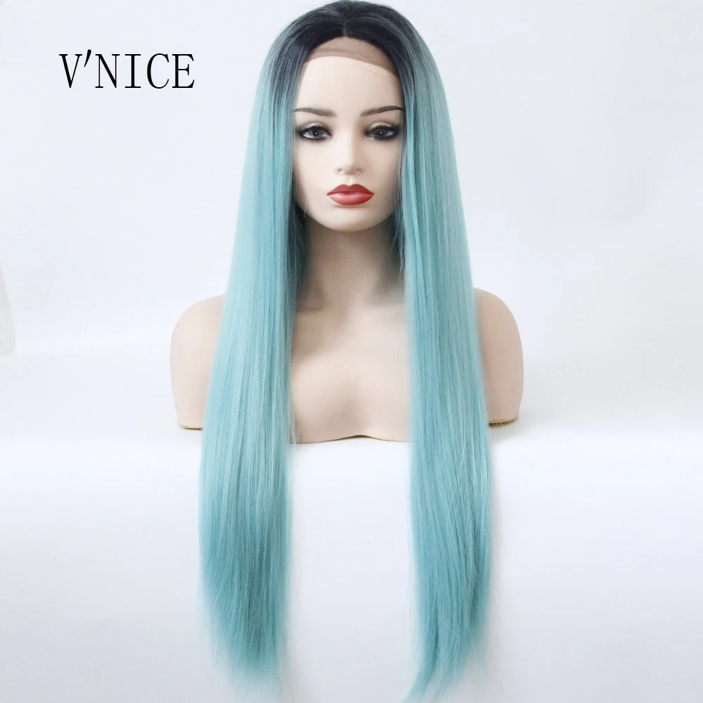 Ombre Black To Light Blue Long Straight Wig Heat Resistant Fiber