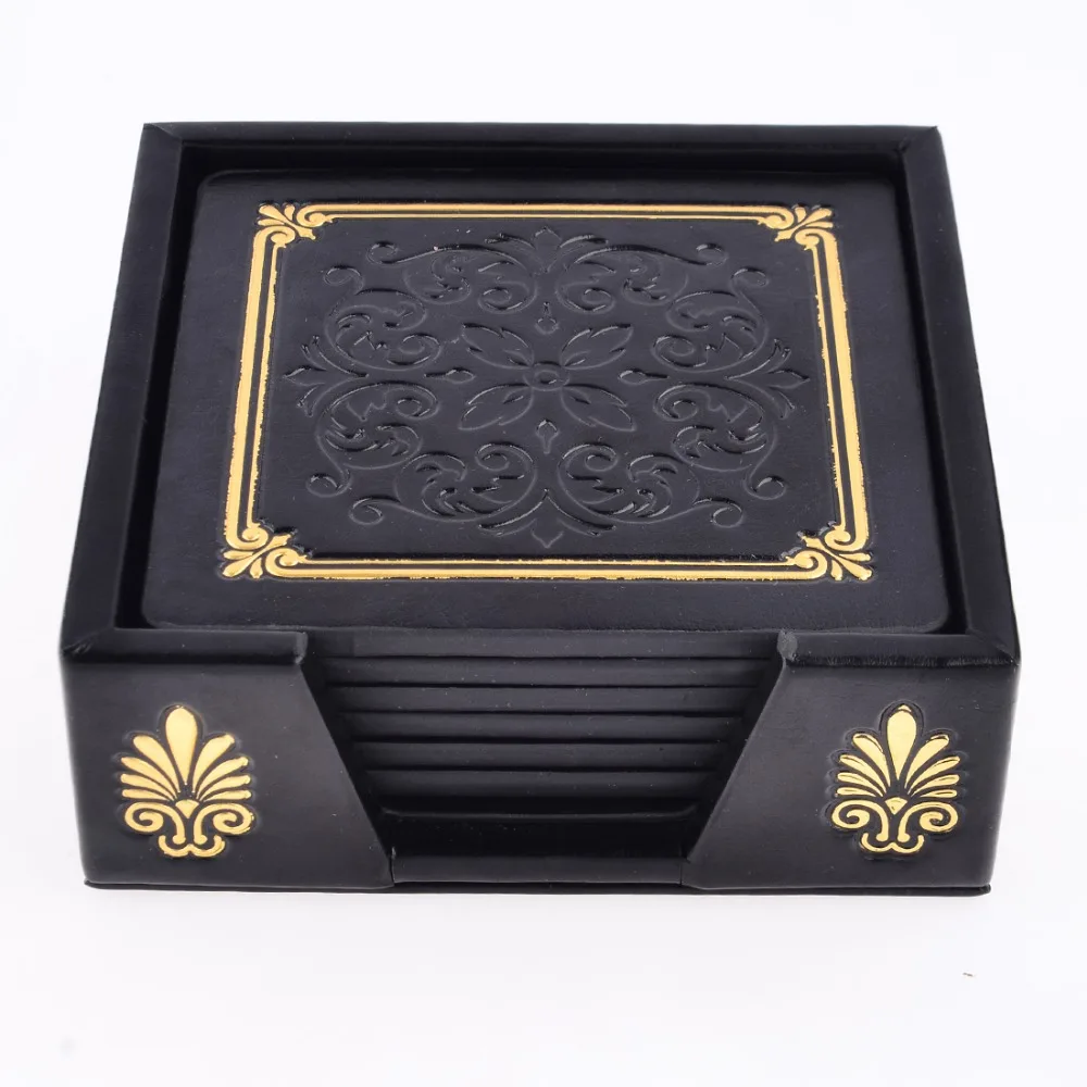 Koop Set Van 6 Koffie Cup Mat Vierkante Pu Lederen Placemat Onderzetters Cup Mats Met Houder Voor Thuis Decoratie Vintage Mok mat