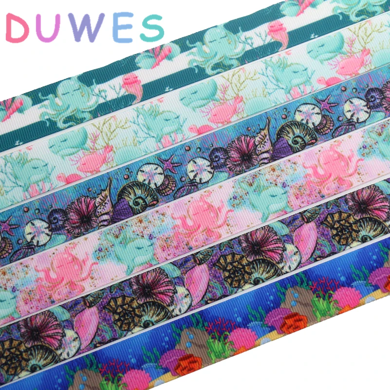 

DUWES 50yards sea fish shell printed grosgrain Ribbon Accessory hairbow headwear decoration Wholesale OEM D946