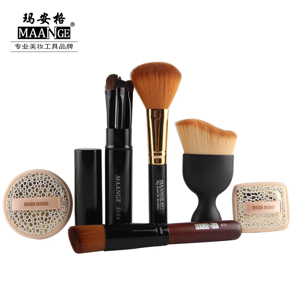 MAANGE 6 в 1 Профессиональные кисти для макияжа Set для губ, тени для век Foundation Brush инструменты Мощность Губка Puff сделать до кисти инструменты