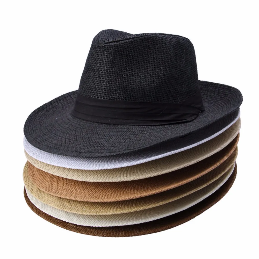 Fashion Women Straw hat Fedora Wide Brim Black ribbon patchwork Trilby