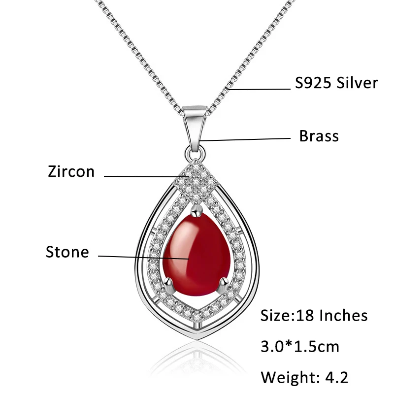 olowu Fashion 925 Sterling Silver Pendant Necklace Pure Silver Natural Stone Red or Green Chalcedony Necklaces Jewelry With CZ (10)