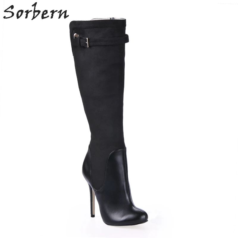 

Sorbern Mix Material Round Toe Sexy Black Boots Shoes Woman Winter Boots High Heels 12Cm Stilettos Warm Plush Plus Size 35-43