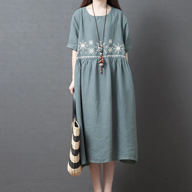 Uego модное платье с вышивкой в китайском стиле, хлопковое льняное платье с коротким рукавом, свободное летнее платье больших размеров, Женские Повседневные Вечерние Платья Миди - Цвет: gray green