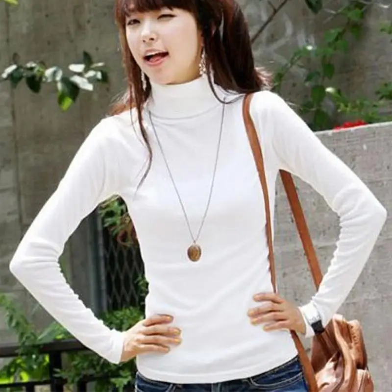 

2019 Autumn Winter Women T Shirt Turtleneck Pullovers Bottoming shirt Long sleeve Basic Bottoming Tee Tops White Black #20