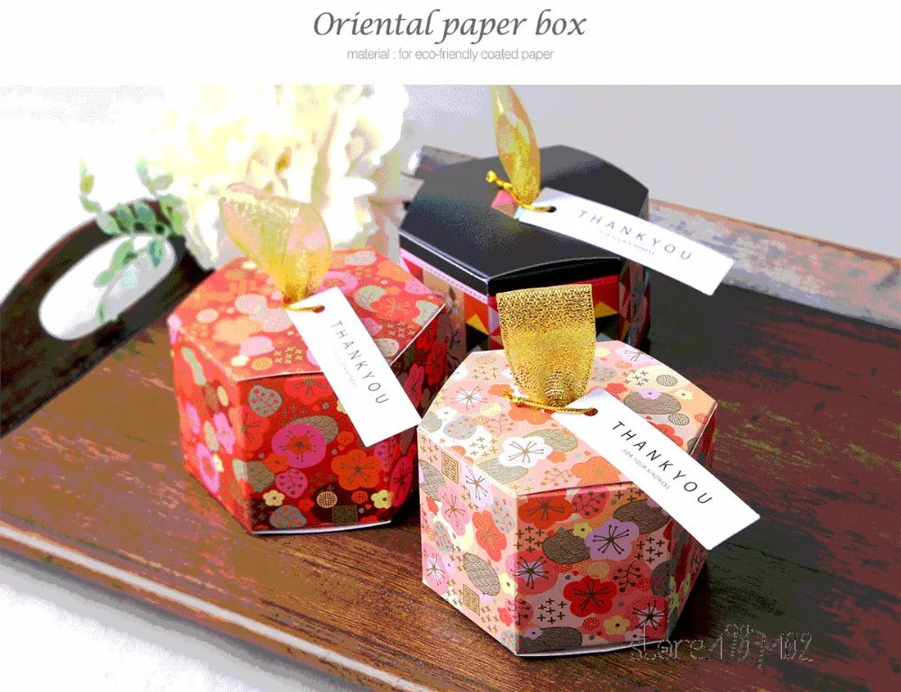 

50pcs/lot Cherry Blossom Christmas Party Baking Box Sakura Hexagon Chocolate Candy Gift Cake Box New Year Decoration Package