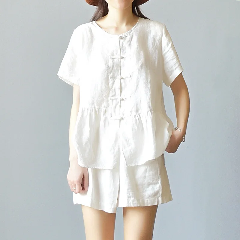 Китайское платье-Чонсам с коротким рукавом хлопок Круглый пластина для крепления грифа пуговицы Для женщин оригинальный Винтаж блузка