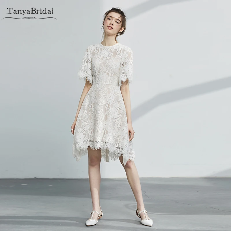 

Ivory Lace Cocktial Dresses Short sleeve Homecoming Dresses O-Neck Elegant Back to school Gowns Vestido De Noivas DHC006