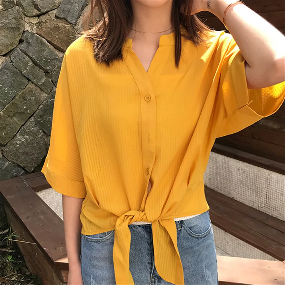 Short Style Loose Chest Women Blouse Shirt 2018 Summer V Neck Casual Short Shirt Chiffon Half Sleeve Dating Blouse campus Shirt (28)