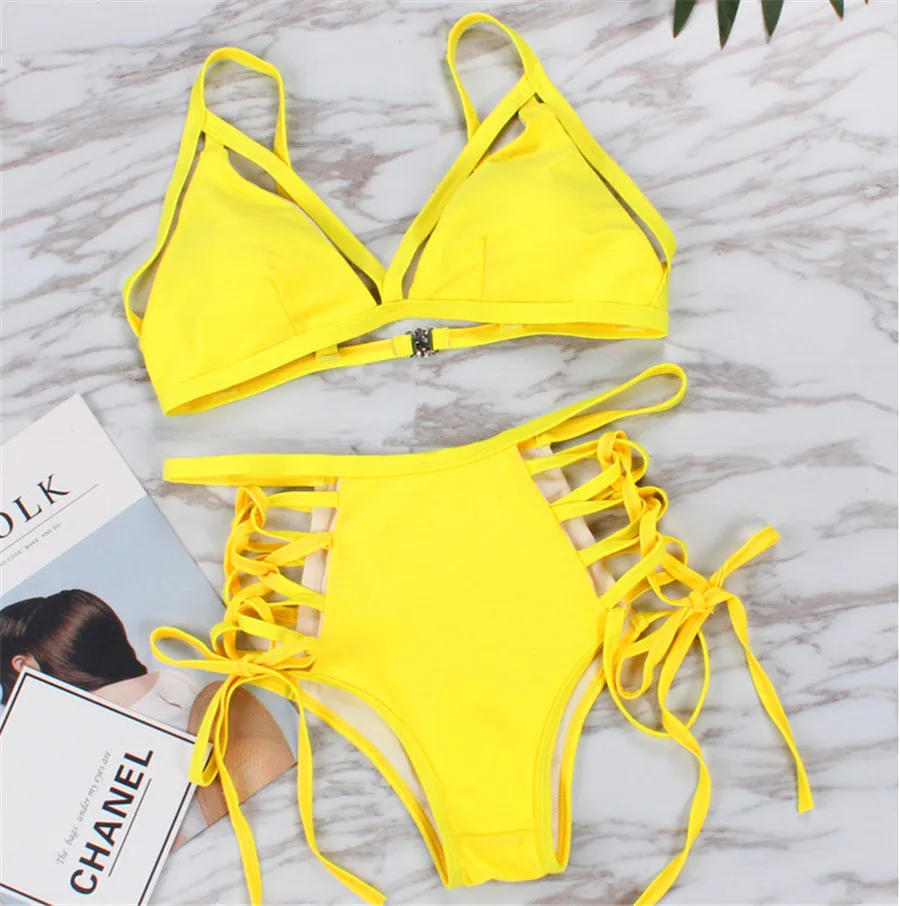 Бандажный комплект бикини, женский купальник,, сексуальный купальник, бикини с высокой талией, купальный костюм, Бразильское бикини, Maillot De Bain Femme XL - Цвет: Yellow
