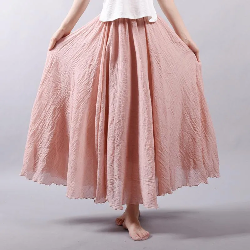 Японский стиль, Однотонная юбка с высокой талией для женщин, женские макси юбки, повседневные, эластичная резинка на талии, 2 слоя, красные, льняные, длинные юбки, saias P1