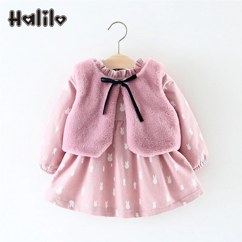 

Halilo Girls Winter Dress Plus Velvet Cotton Warm Baby Dress Outfit Vest Cartoon Dresses 2 Piece Casual Sets Princess Baby Dress