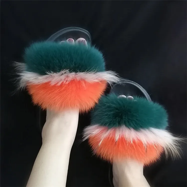 Women Fox Fur Slippers Real Fox Fur Slides Lovely Plush Slippers Woman Summer Home Sandals Women Fur Slides Furry Flip Flops Hot - Цвет: as pic shows 2