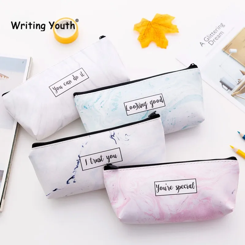 

New Letters PU Pencil Case School For Girls Stationery Marble Pattern Pencil Bag Pen Case School Supplies