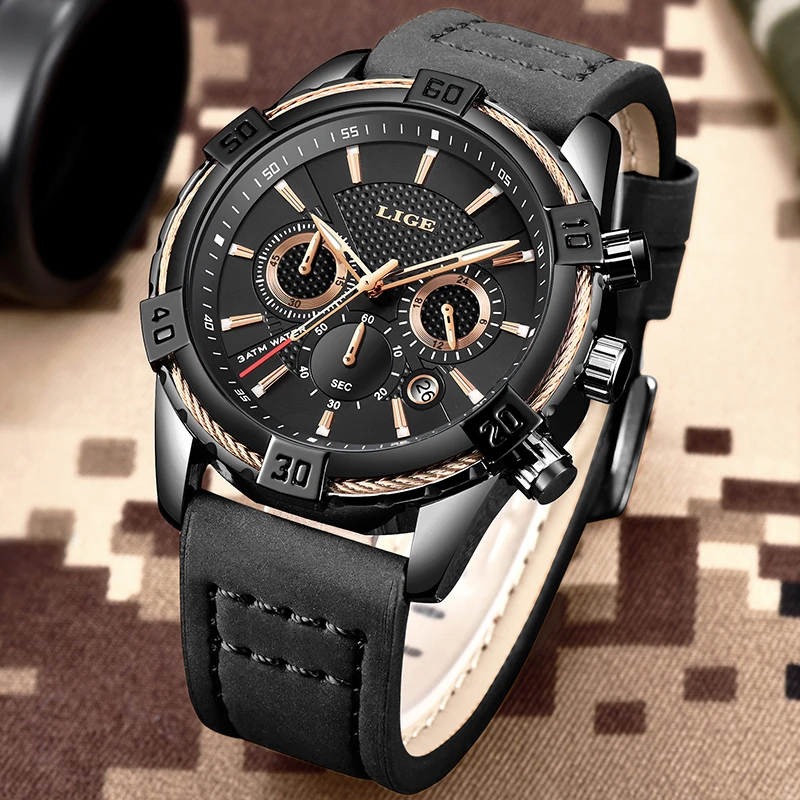 2019 LIGE Mens Watches Top Brand Luxury Men Casual Leather Watch Men Fashion Mutifuction Chronograph M  Waterproof Sport Clock