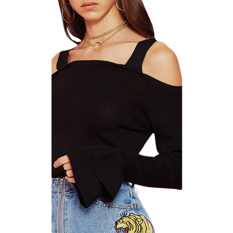 HYH HAOYIHUI 2017Autumn Sexy New Style Black Sweaters Women Ruffles Long Sleeve Off Shoulder Backless Solid Casual Elegant Tops 