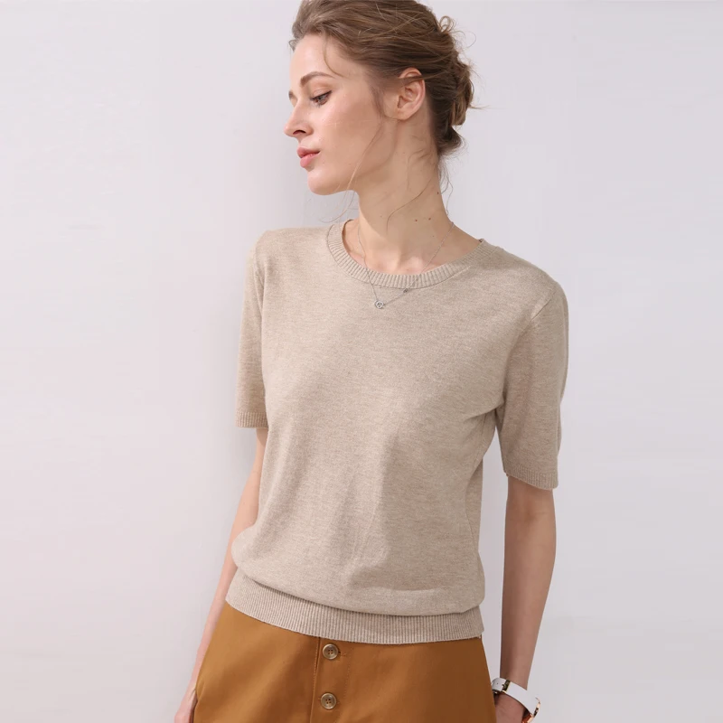 

2019 spring and autumn women's large solid wool cashmere sweater short sleeve round-neck sweaters knit sweater computer oversize