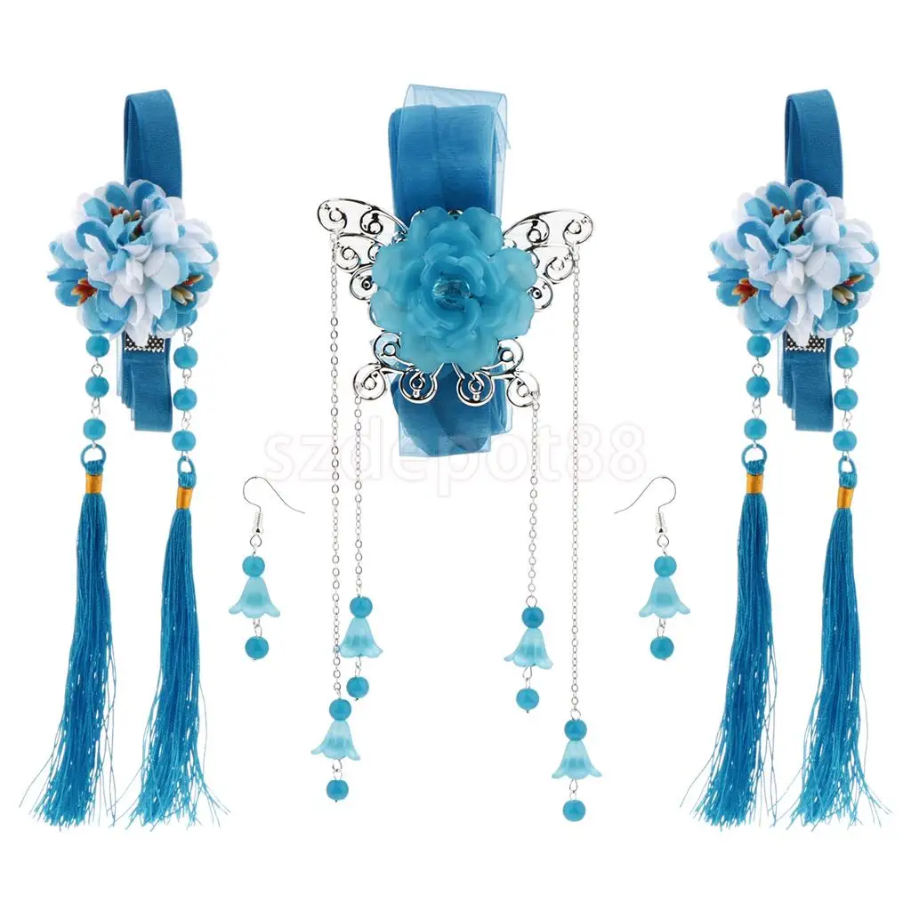 Ribbon Flower Chain Tassel Ancient Chinese Headdress Clip & Beads Dangle Earring Set Bridal Wedding Cosplay Party Hair Jewelry