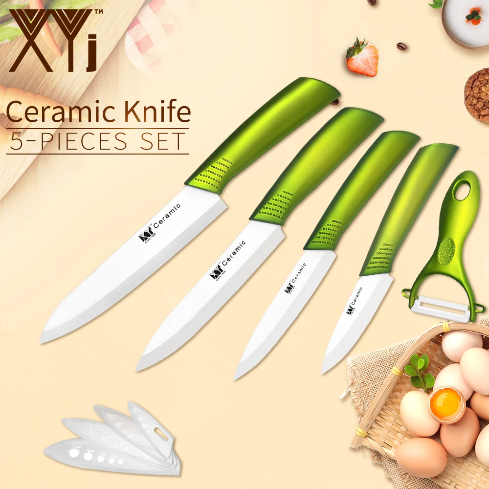 

XYj 5 Piece Ceramic Kitchen Knife Set Black Blade Plastic Colorful Handle Knives Cheese Fruit Cake Cooking Tool + Free Covers