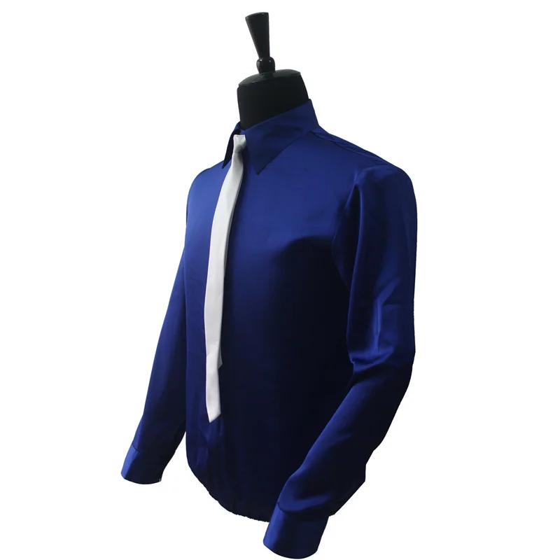 Mens dress shirt retro MJ Michael Jackson smooth criminal blue shine shirt tie thread gluing performance Halloween show clothing no button