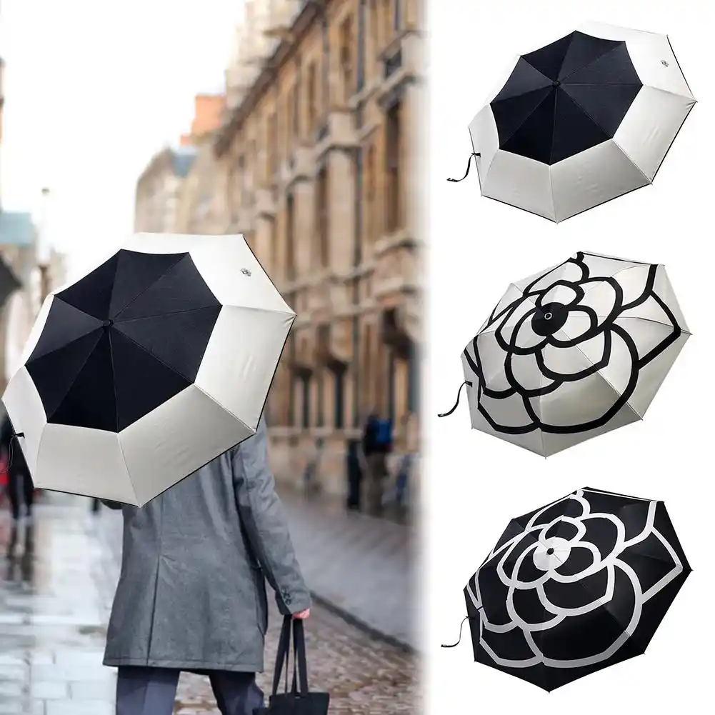 Автоматический Простой Черный Пластиковый Солнцезащитный Зонт Camellia с защитой от ультрафиолета, трехсложный зонт от солнца