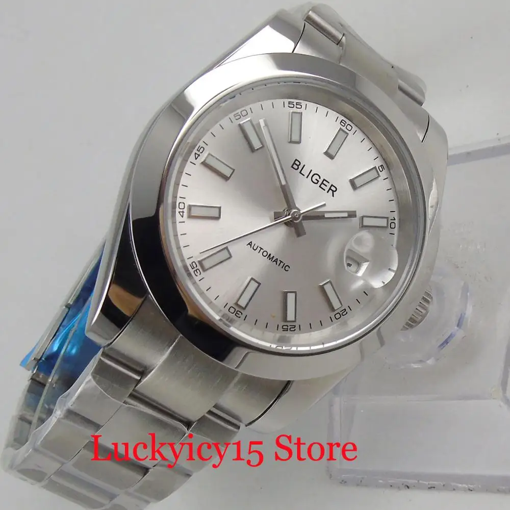  BLIGER Luxury 40mm Silver Dial Polished Watch Case Sapphire Glass Mechanical Wristwatch Auto Date