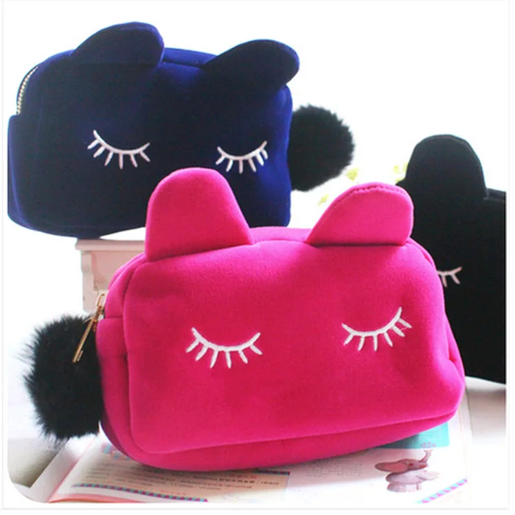 

Portable Cartoon Cat Coin Storage Case Travel Makeup Flannel Pouch Cosmetic Bag makeup brush