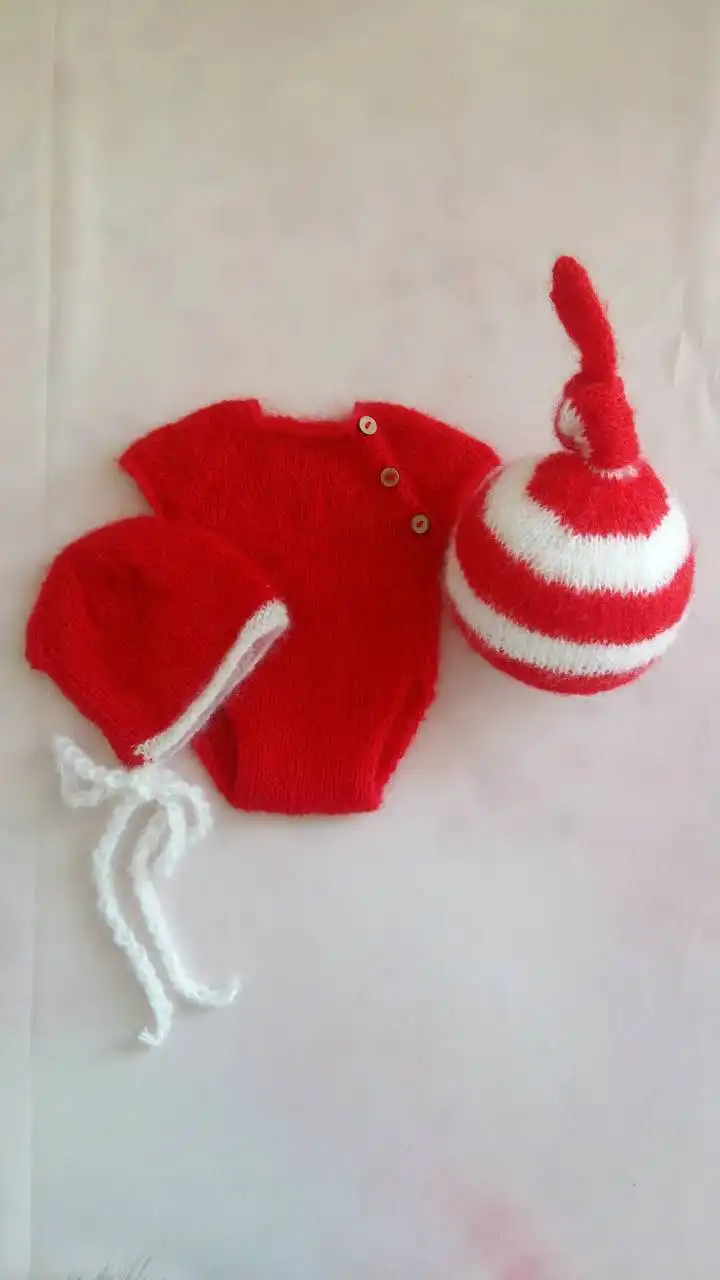 

Hot Sale Christmas Outfit Romper Bonnet Set Crochet Newborn Bonnet Set Photography Prop Christmas Santa Clause Set