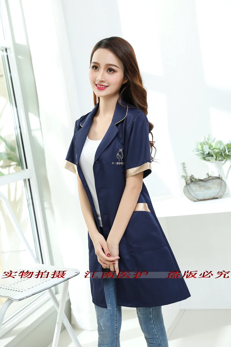 

navy blue hospital overall medical clothes dental clinic beauty salon nurse uniform embroided slim fit short sleeve sxq49