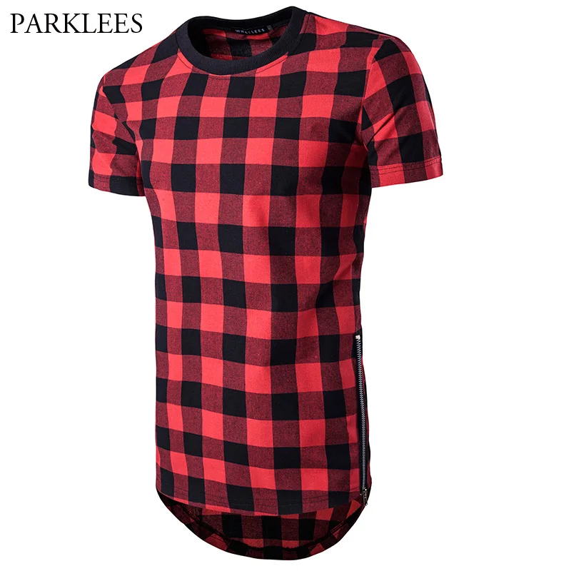 

Longline T Shirt Men 2018 Small Plaid Slim Fit Tee Shirt Homme Summer Short Sleeve Men Top Tee Casual Hip Hop Streetwear T-shirt