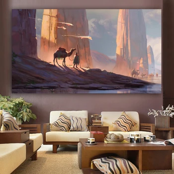 

Poster Canvas Painting Landscape Mountain Desert and Camel Oil Painting Printed on Canvas Wall Pictures For Living Room Decor