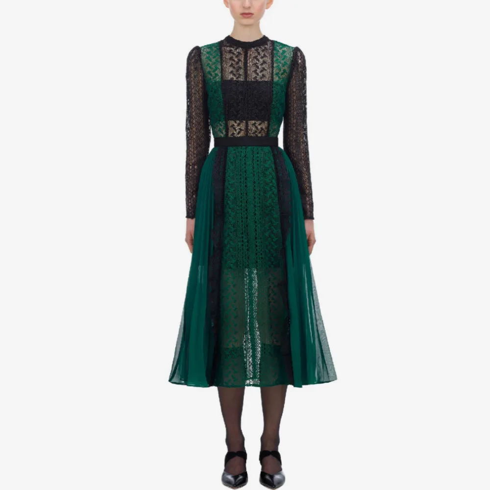 Hoge Kwaliteit Maxi Jurk Zelfportret Collection Herfst Designer Kant Patchwork Vrouwelijke Sexy Hollow Out Chiffon Slim Vestidos Hoge Kwaliteit Maxi Jurk Zelfportret Collection Herfst Designer Kant Patchwork Vrouwelijke Sexy Hollow Out Chiffon Slim Vestidos