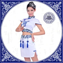 Best Price women blue and white porcelain costume cheongsam folk style classical dance drum wear national dance stage performance clothes Best Price women blue and white porcelain costume cheongsam folk style classical dance drum wear national dance stage performance clothes