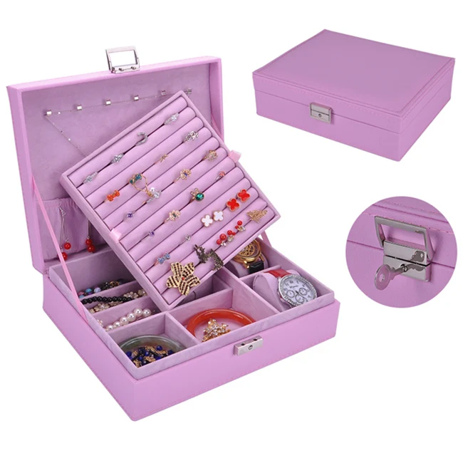Guanya, женские кожаные прямоугольные упаковочные кольца, серьги, органайзер для хранения, витринные коробки, чехол, изысканная дорожная коробочка для украшений, подарок - Цвет: Розовый