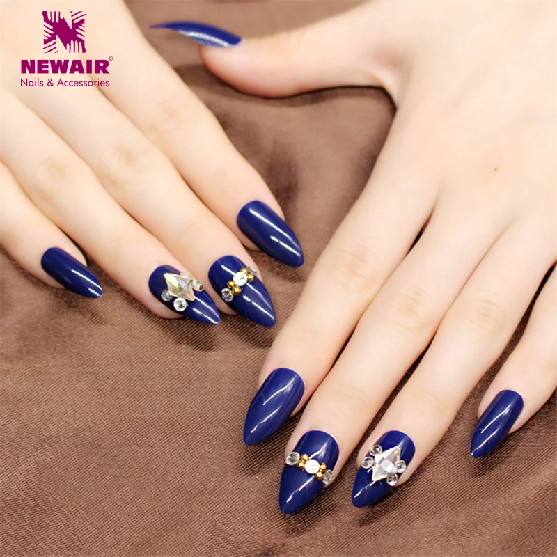 

24pcs 3D Stiletto False Nails Blue Full Cover Acrylic Fake Nail Tips with Glue Manicure