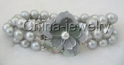 

FREE SHIPPING HOT sell new Style >>>> handmade8" 3row 10mm gray round freshwater pearl bracelet-shell clasp