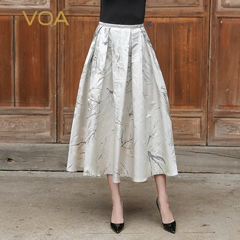 

VOA Plus Size Pleated Silk Skirt Women High Waist Beige Printed Vintage Chinese Style Full Skirts Long Spring faldas jupe C6170