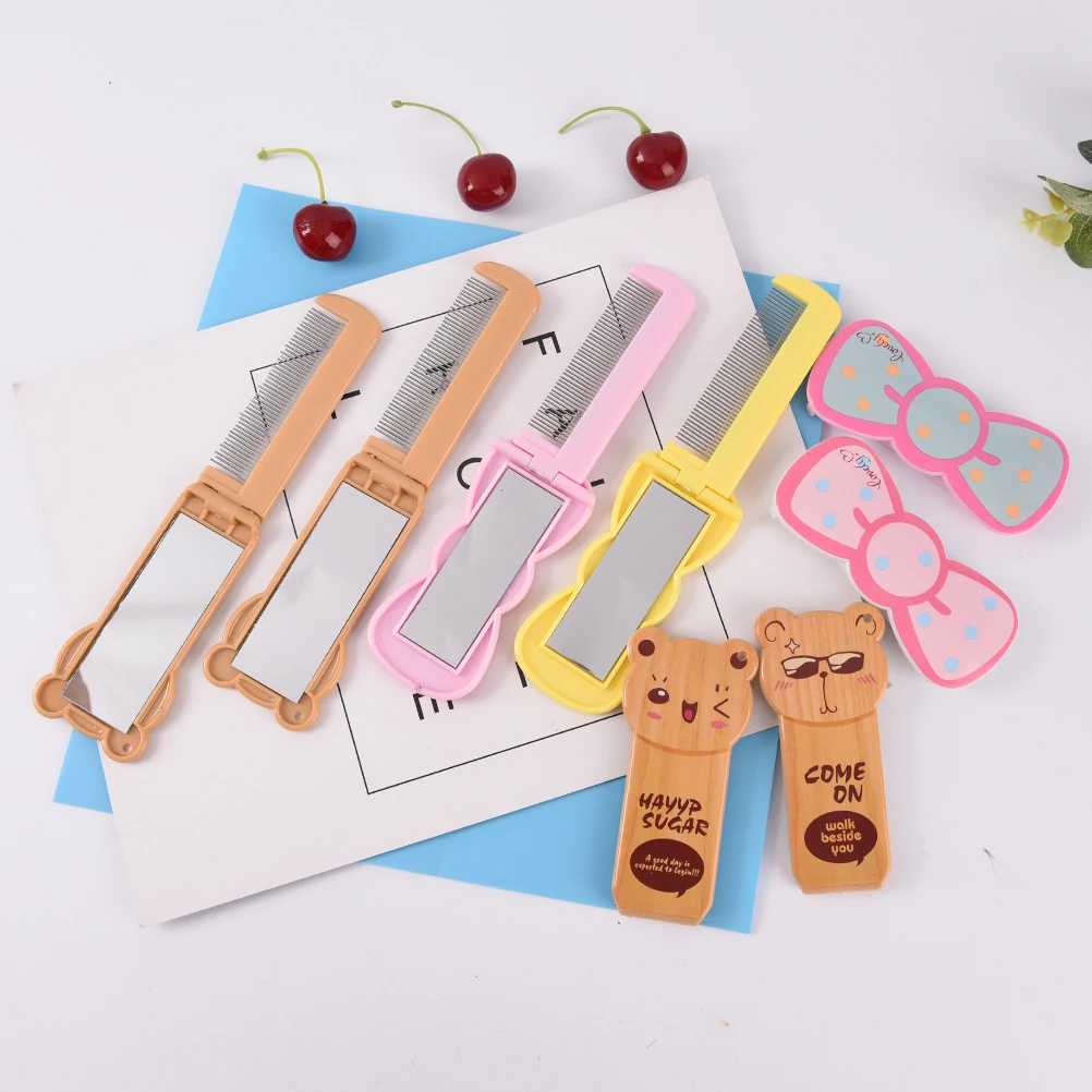 

Cartoon Pattern Round Shape Travel Pocket Tinplate Makeup Mirror Comb Portable Hand Held Mini Bow Bear Makeup Mirror