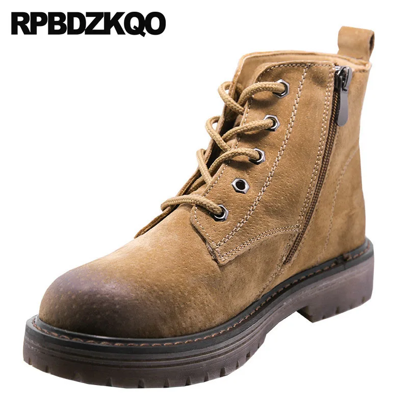 

genuine leather flat booties vintage fall front lace up casual ankle boots autumn 2018 military combat women shoes round toe
